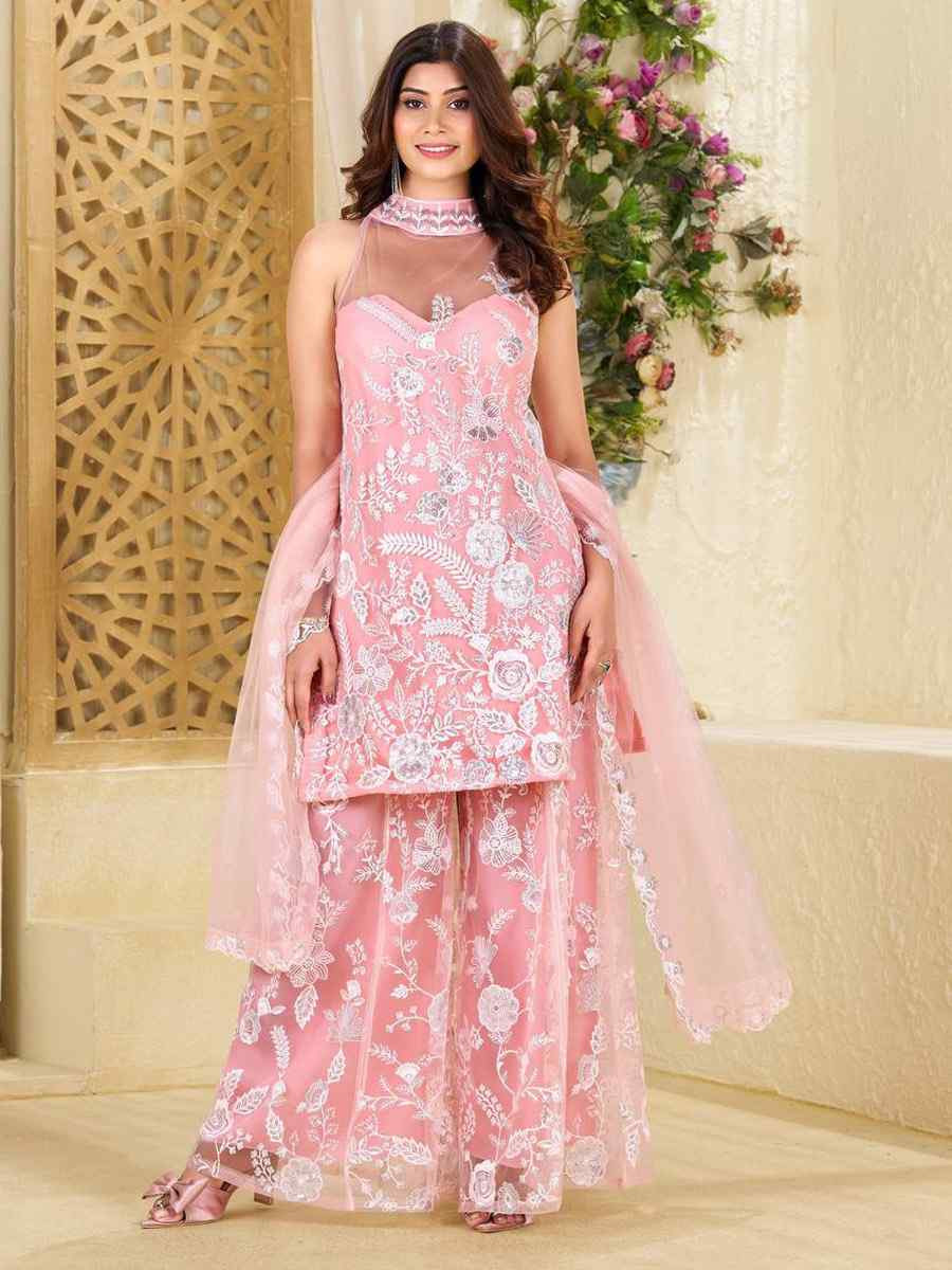 Pink Butterfly Net Embroidered Festival Mehendi Ready Palazzo Pant Salwar Kameez