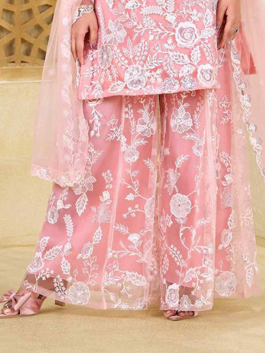Pink Butterfly Net Embroidered Festival Mehendi Ready Palazzo Pant Salwar Kameez