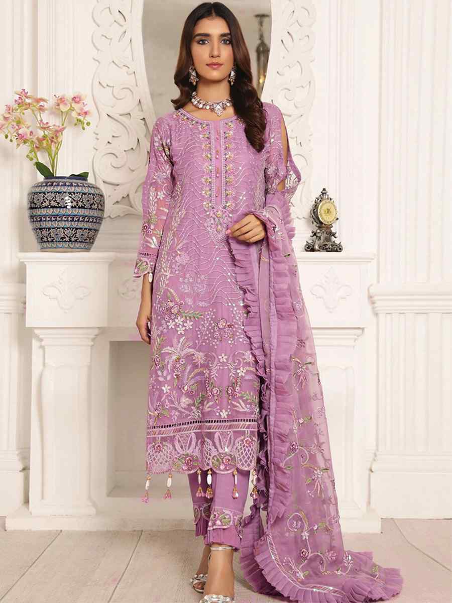 Pink Butterfly Net Embroidered Festival Party Pant Salwar Kameez