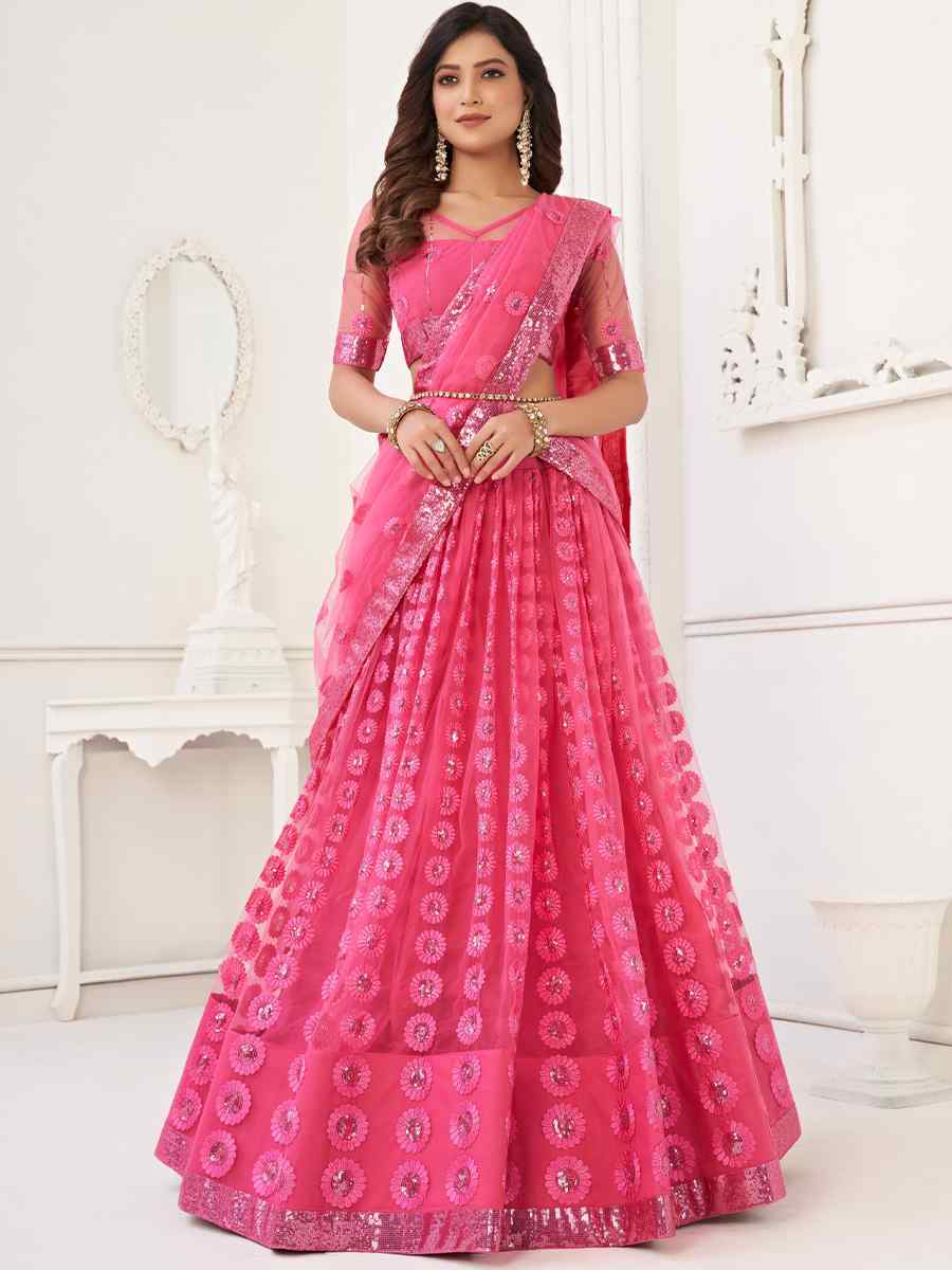 Pink Butterfly Net Embroidered Festival Wedding Circular Lehenga Choli