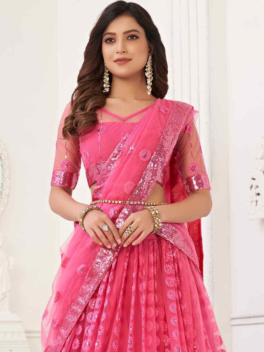 Pink Butterfly Net Embroidered Festival Wedding Circular Lehenga Choli