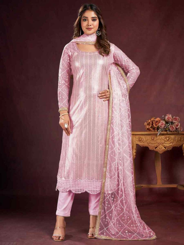 Pink Butterfly Net Embroidered Festival Wedding Pant Salwar Kameez