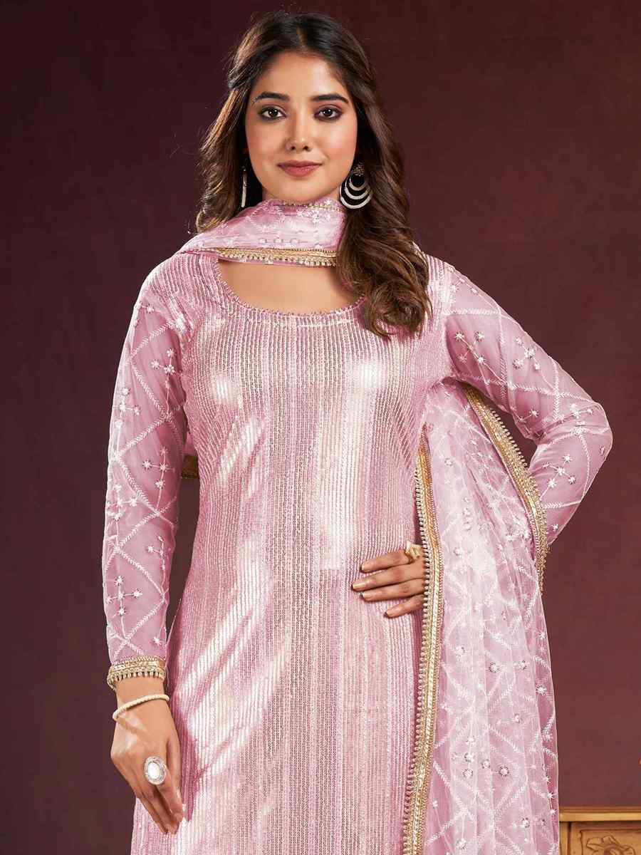 Pink Butterfly Net Embroidered Festival Wedding Pant Salwar Kameez