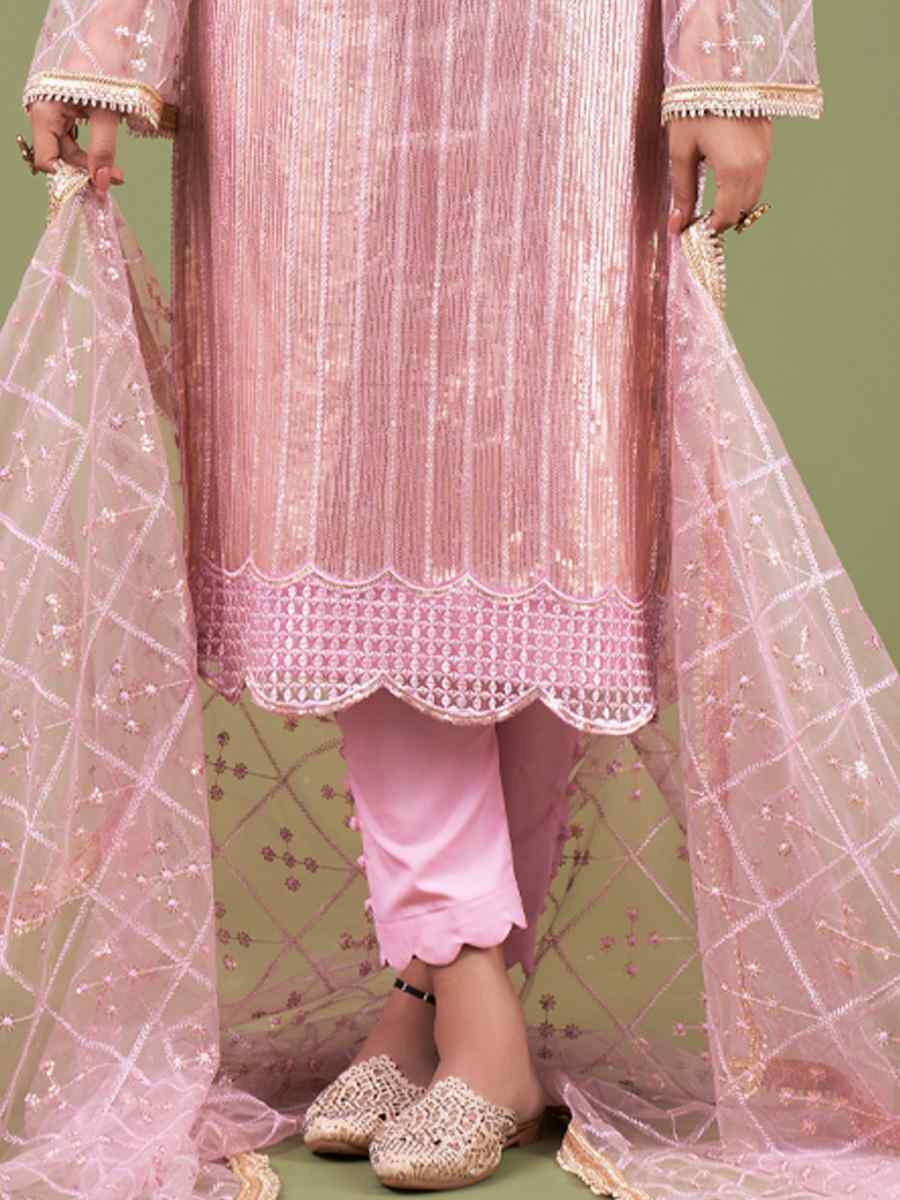Pink Butterfly Net Embroidered Festival Wedding Pant Salwar Kameez