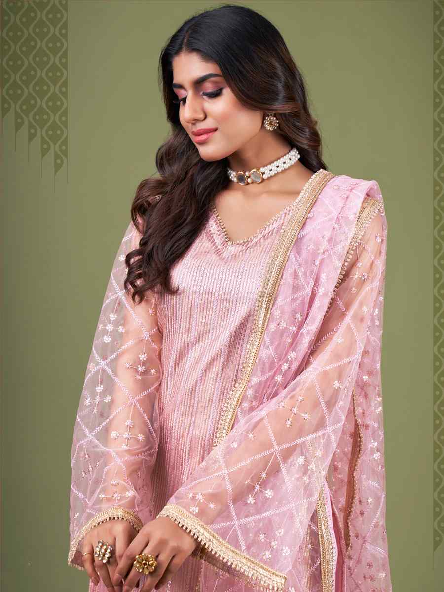 Pink Butterfly Net Embroidered Festival Wedding Pant Salwar Kameez