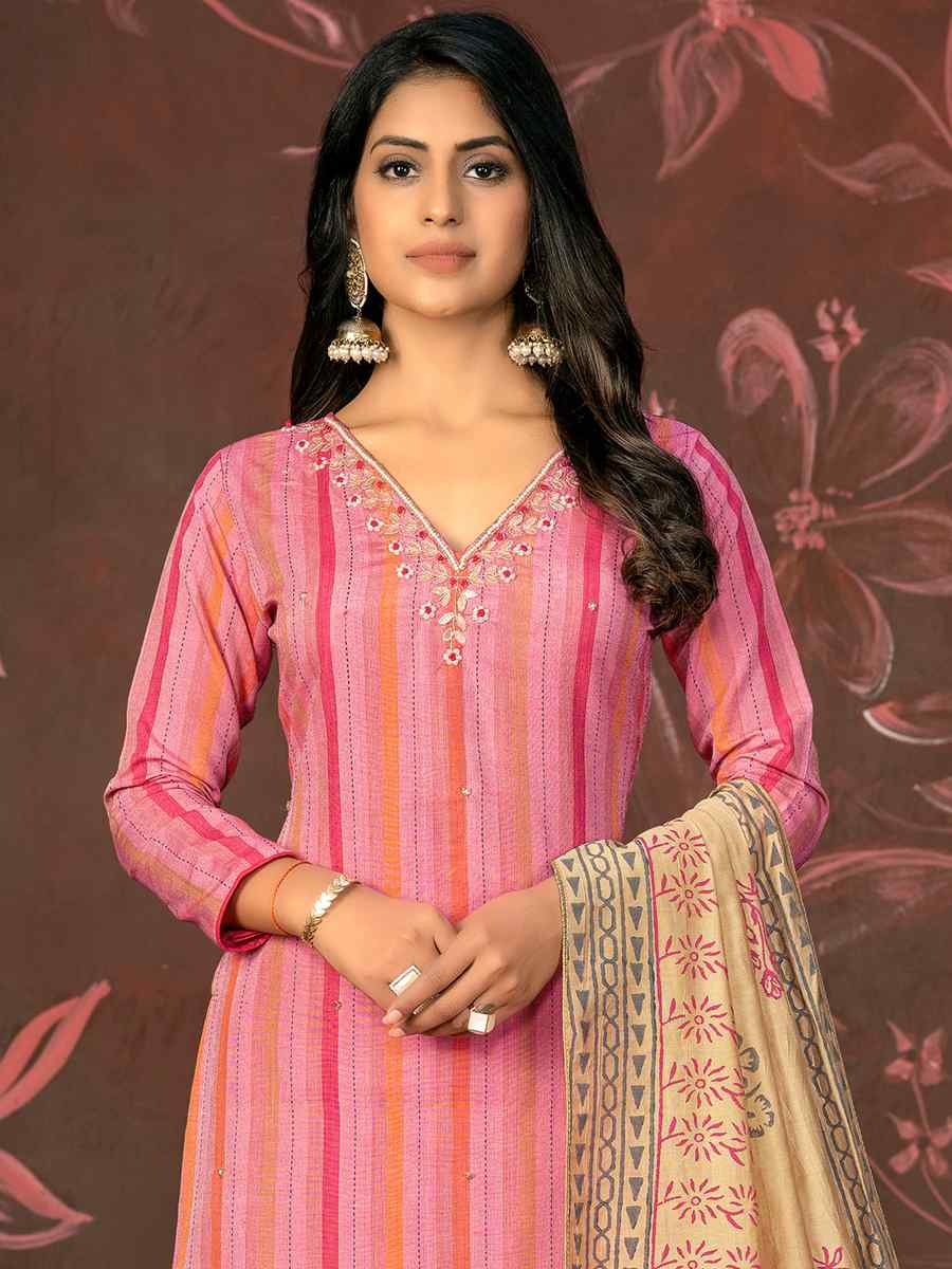 Pink Cambric Cotton Embroidered Casual Festival Pant Salwar Kameez