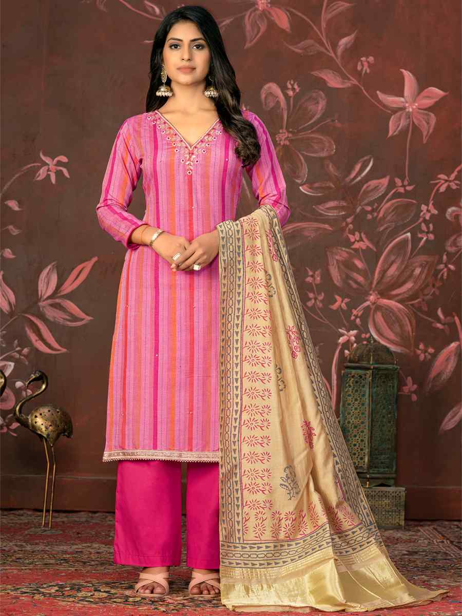 Pink Cambric Cotton Embroidered Casual Festival Pant Salwar Kameez