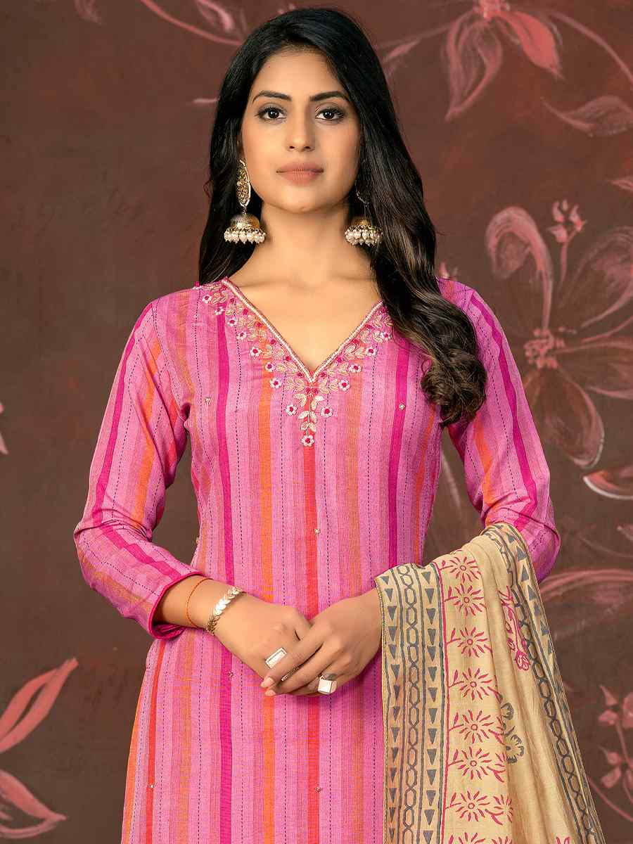 Pink Cambric Cotton Embroidered Casual Festival Pant Salwar Kameez