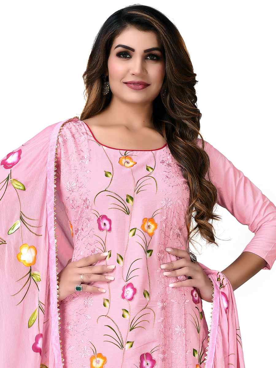 Pink Cambric Cotton Embroidered Festival Wedding Palazzo Pant Salwar Kameez