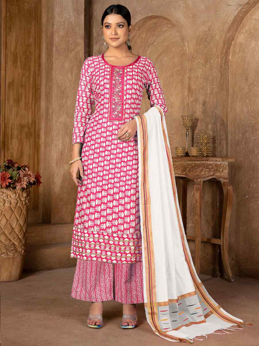 Pink Cambric Cotton Printed Casual Festival Pant Salwar Kameez