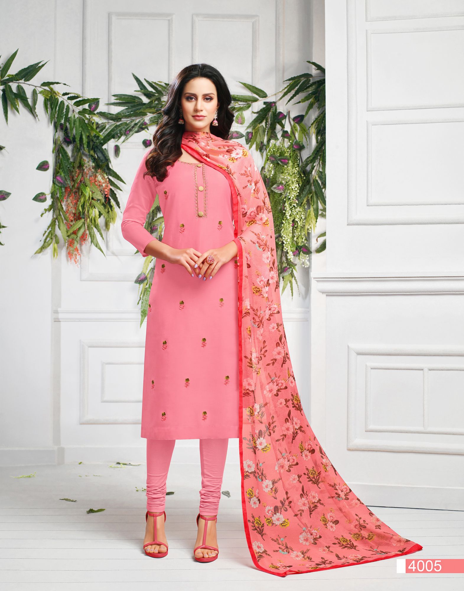 Pink Chanderi Cotton Embroidered Casual Party Churidar Salwar Kameez