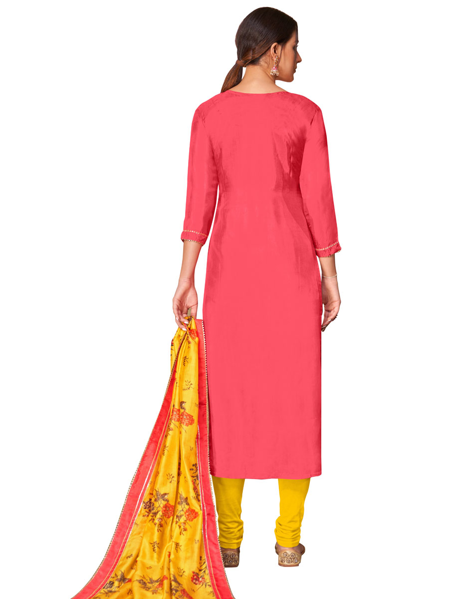 Pink Chanderi Cotton Embroidered Party Churidar Pant Kameez