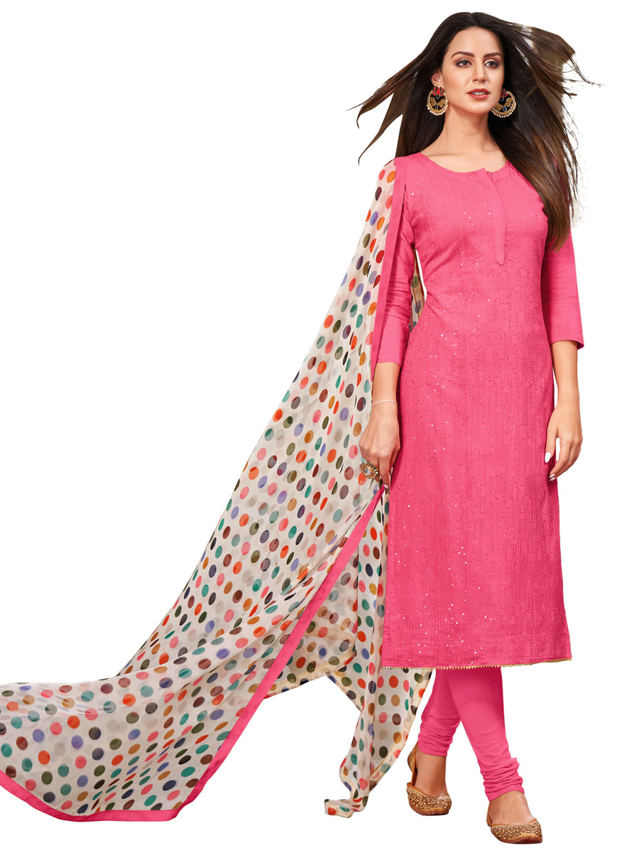 Pink Chanderi Cotton Embroidered Party Churidar Pant Kameez