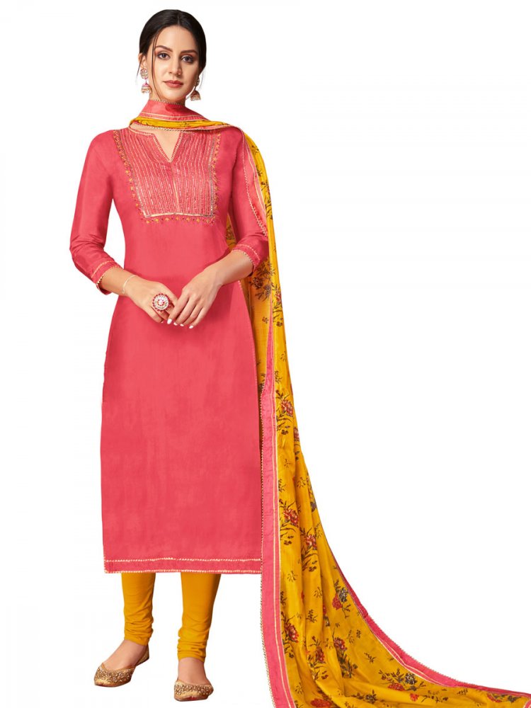 Pink Chanderi Cotton Embroidered Party Churidar Pant Kameez