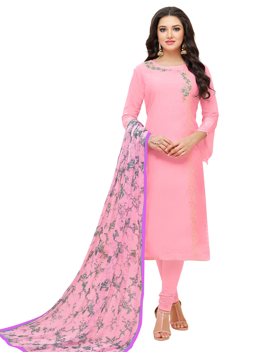 Pink Chanderi Cotton Embroidered Party Churidar Pant Kameez
