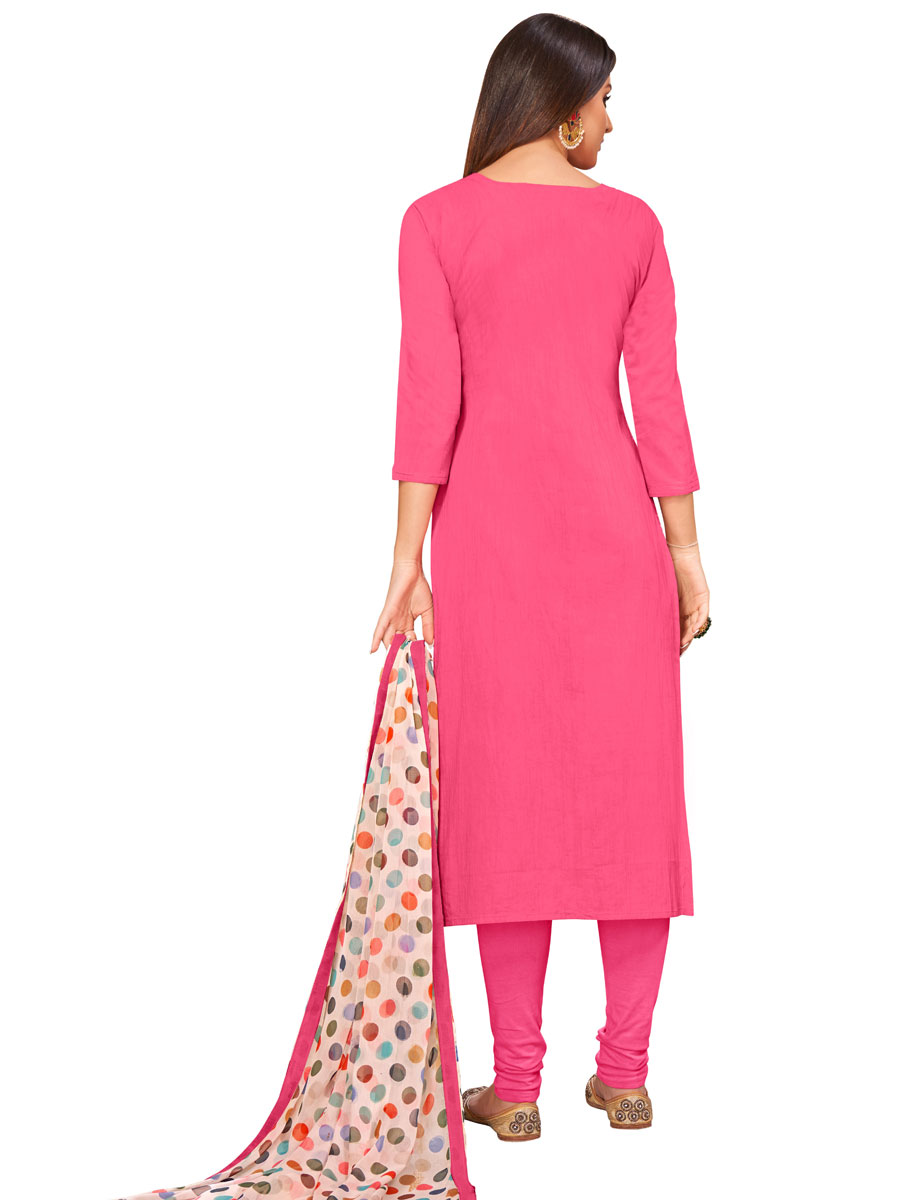 Pink Chanderi Cotton Embroidered Party Churidar Pant Kameez