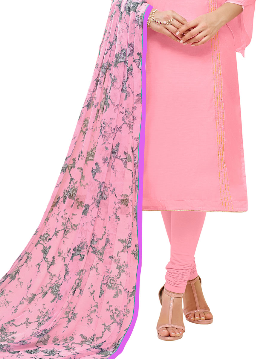 Pink Chanderi Cotton Embroidered Party Churidar Pant Kameez