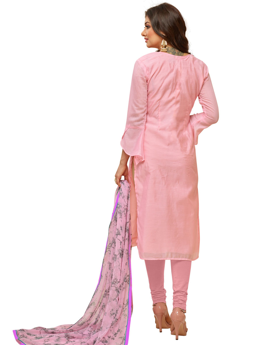 Pink Chanderi Cotton Embroidered Party Churidar Pant Kameez