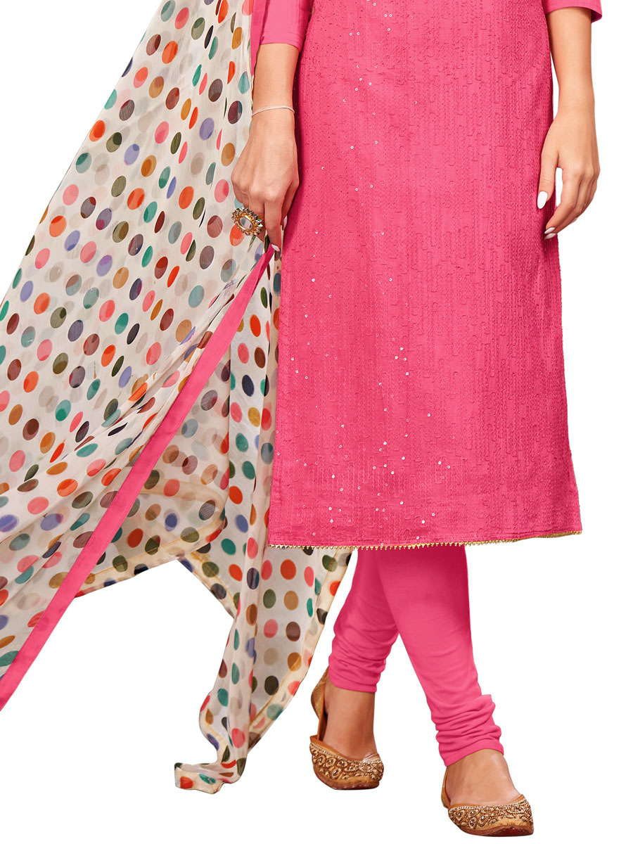 Pink Chanderi Cotton Embroidered Party Churidar Pant Kameez