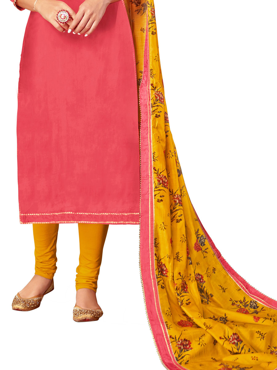 Pink Chanderi Cotton Embroidered Party Churidar Pant Kameez