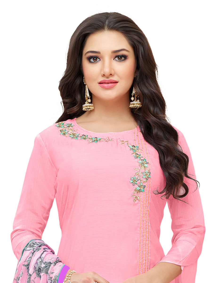 Pink Chanderi Cotton Embroidered Party Churidar Pant Kameez