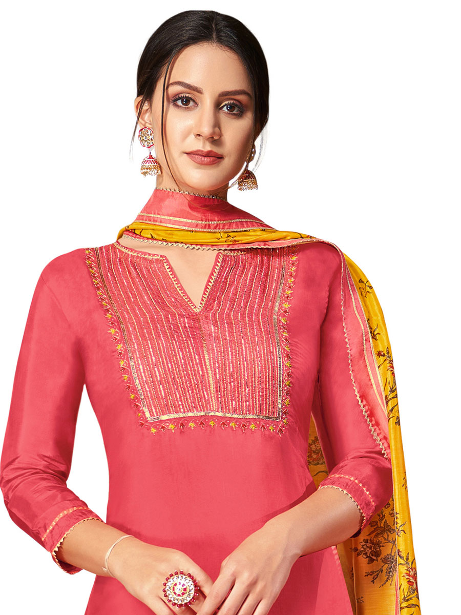 Pink Chanderi Cotton Embroidered Party Churidar Pant Kameez