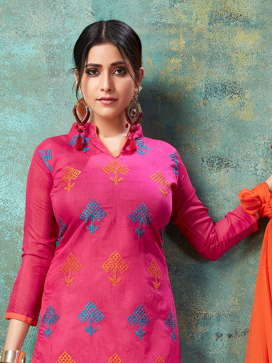 Pink Chanderi Cotton Printed Casual Festival Churidar Salwar Kameez