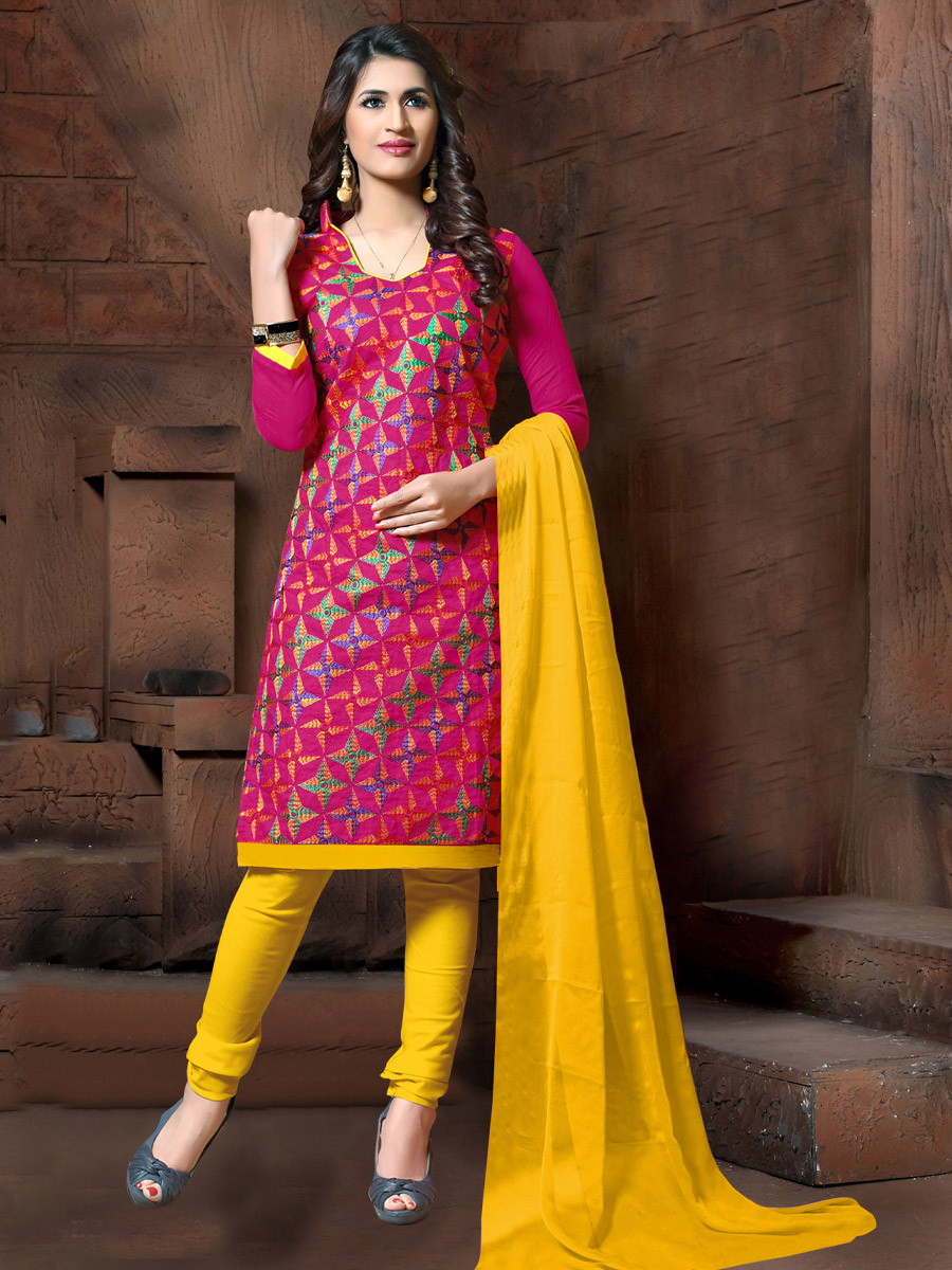 Pink Chanderi Cotton Printed Casual Festival Churidar Salwar Kameez