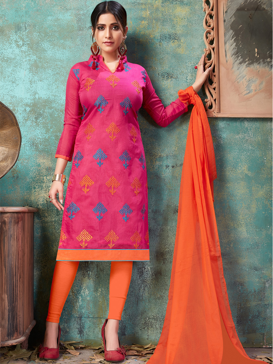 Pink Chanderi Cotton Printed Casual Festival Churidar Salwar Kameez