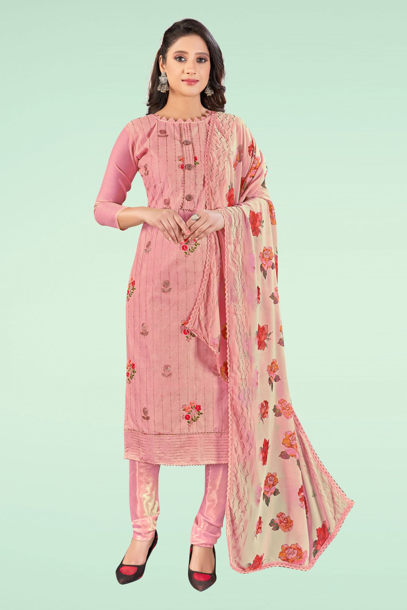 Pink Chanderi Embroidered Sequins Festival Party Churidar Salwar Kameez