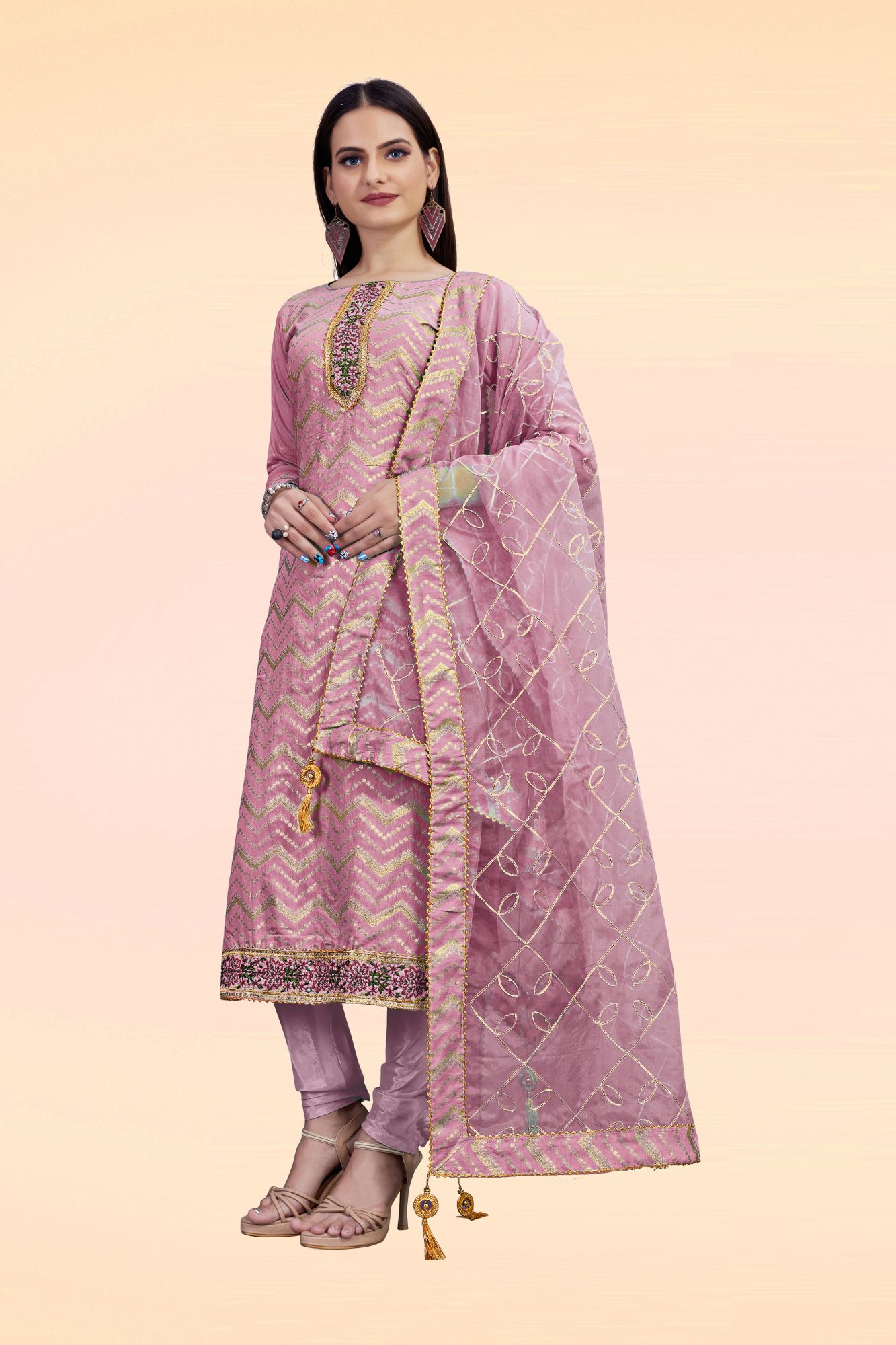 Pink Chanderi Printed Festival Party Churidar Salwar Kameez