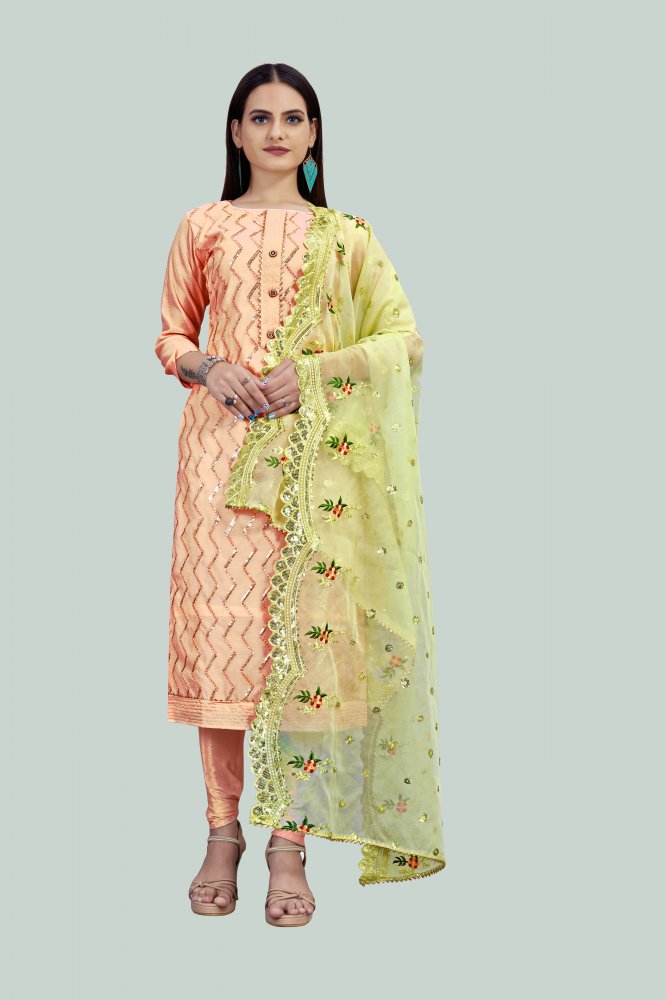 Peach Chanderi Sequins Festival Party Churidar Salwar Kameez