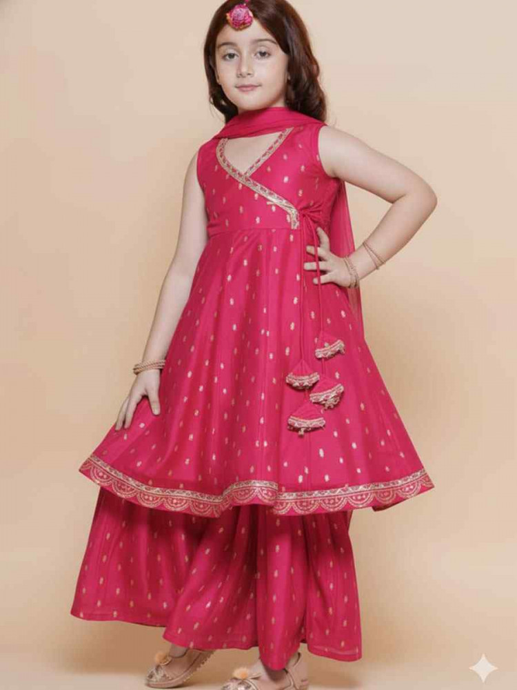 Image of Pink Chanderi Silk Embroidered Casual Festival Kurta Sharara Girls Wear