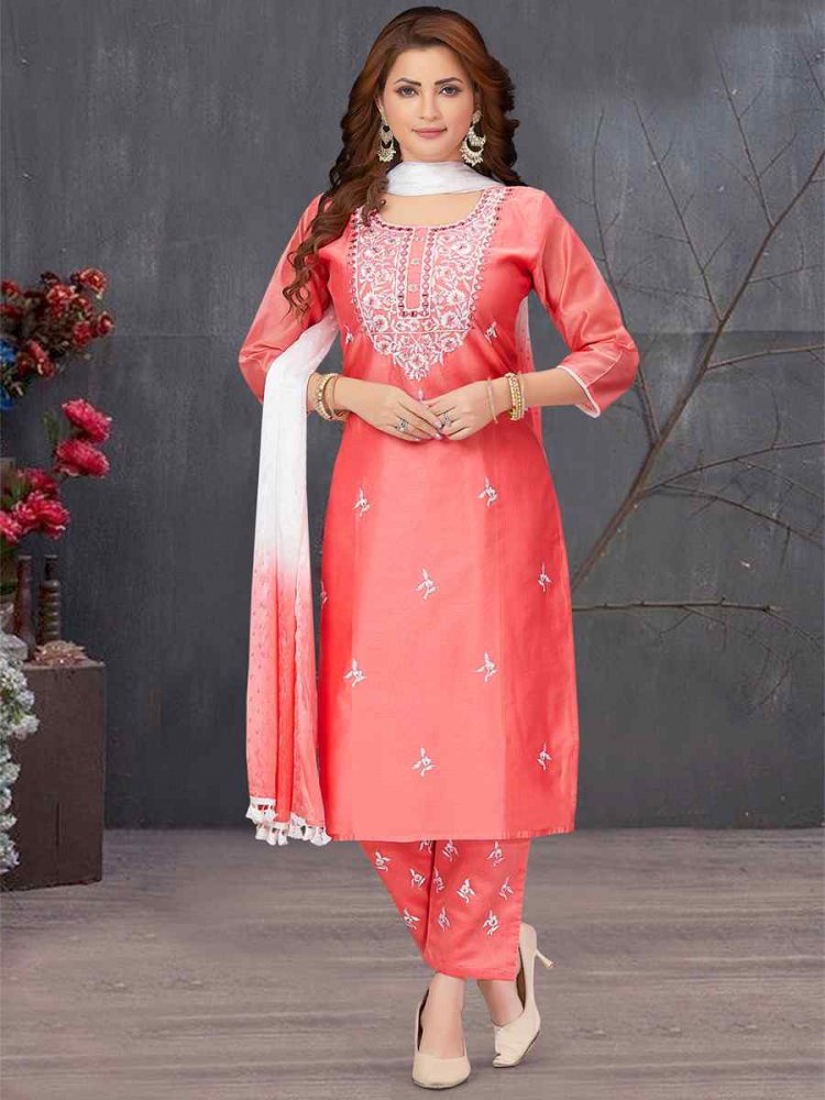 Pink Chanderi Silk Embroidered Festival Wedding Pant Salwar Kameez