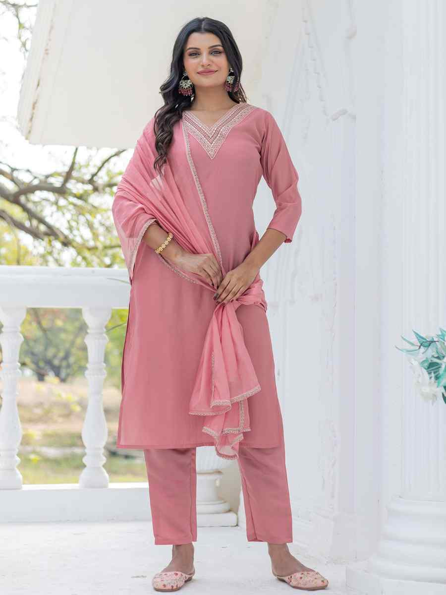 Pink Chanderi Silk Embroidered Party Wedding Ready Pant Salwar Kameez