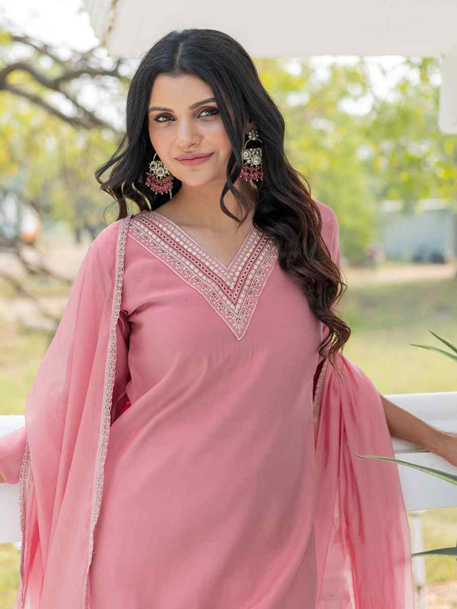 Pink Chanderi Silk Embroidered Party Wedding Ready Pant Salwar Kameez