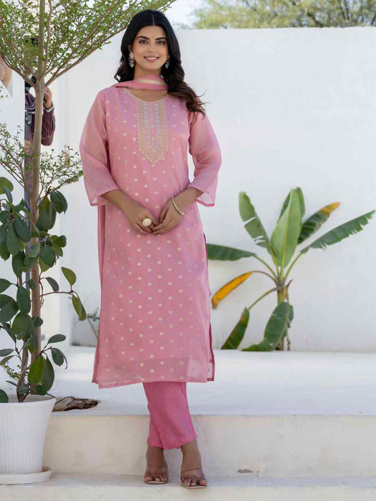 Image of Pink Chanderi Silk Embroidery Party Wedding Festival Casual Ready Pant Salwar Kameez