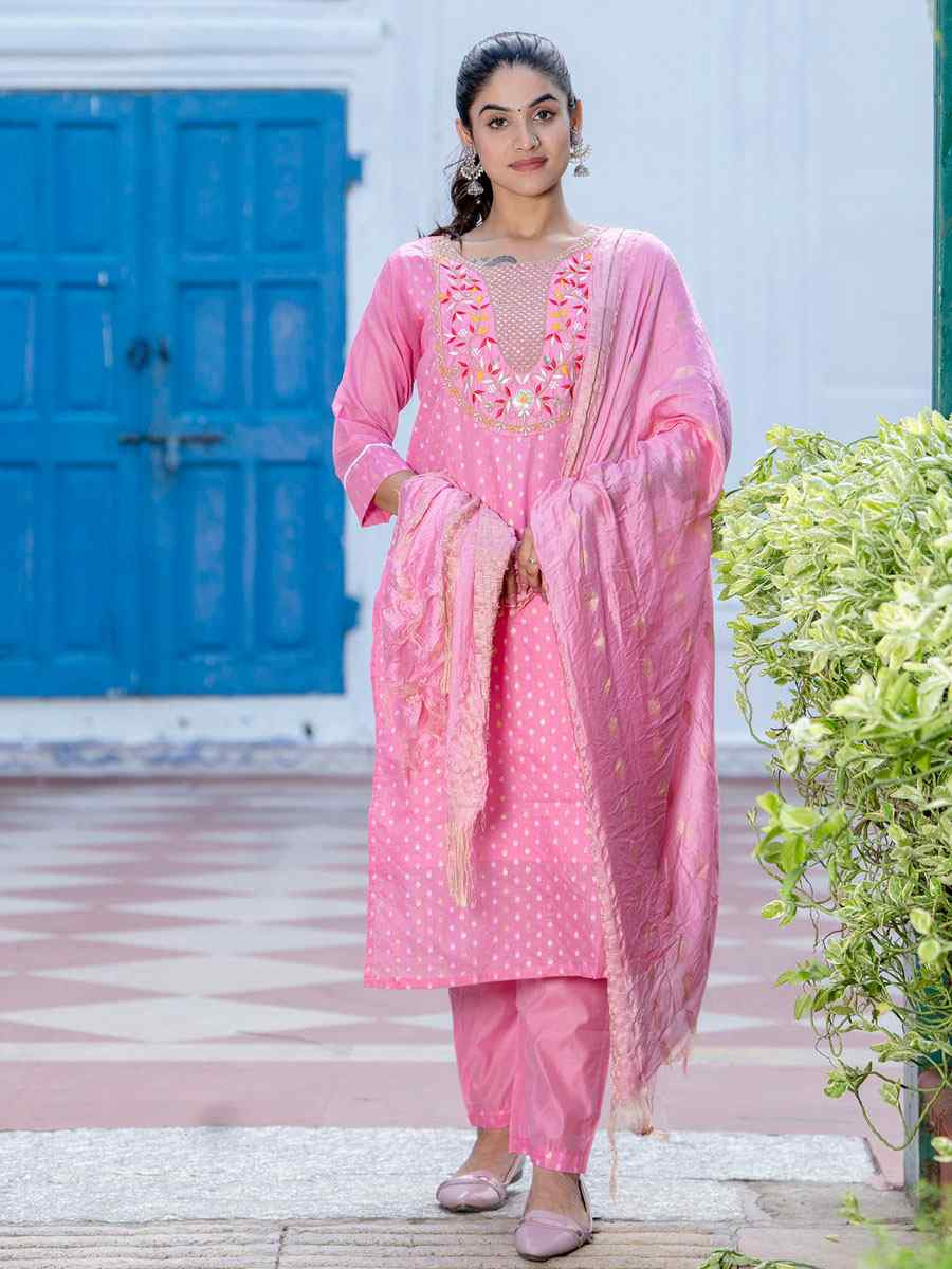 Pink Chanderi Silk Embroidery Party Wedding Festival Casual Ready Pant Salwar Kameez