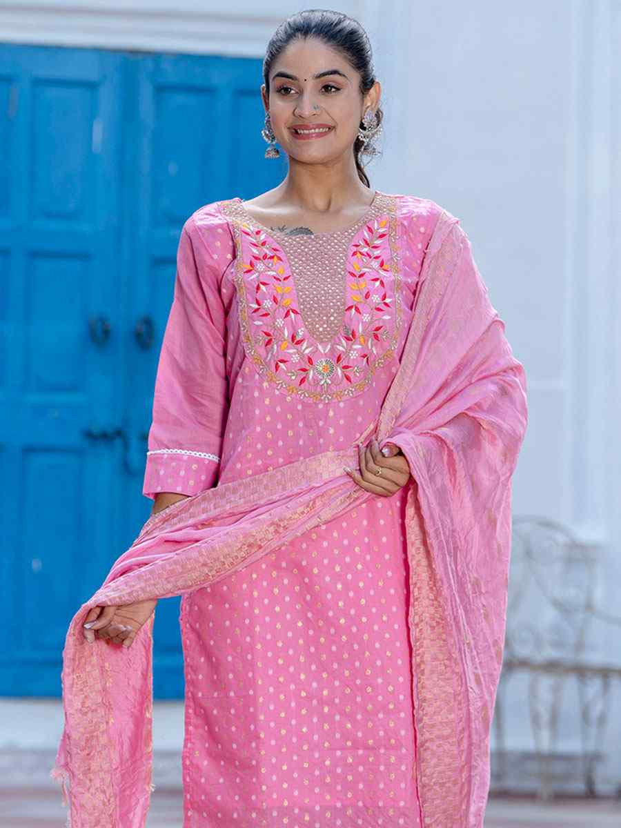 Pink Chanderi Silk Embroidery Party Wedding Festival Casual Ready Pant Salwar Kameez