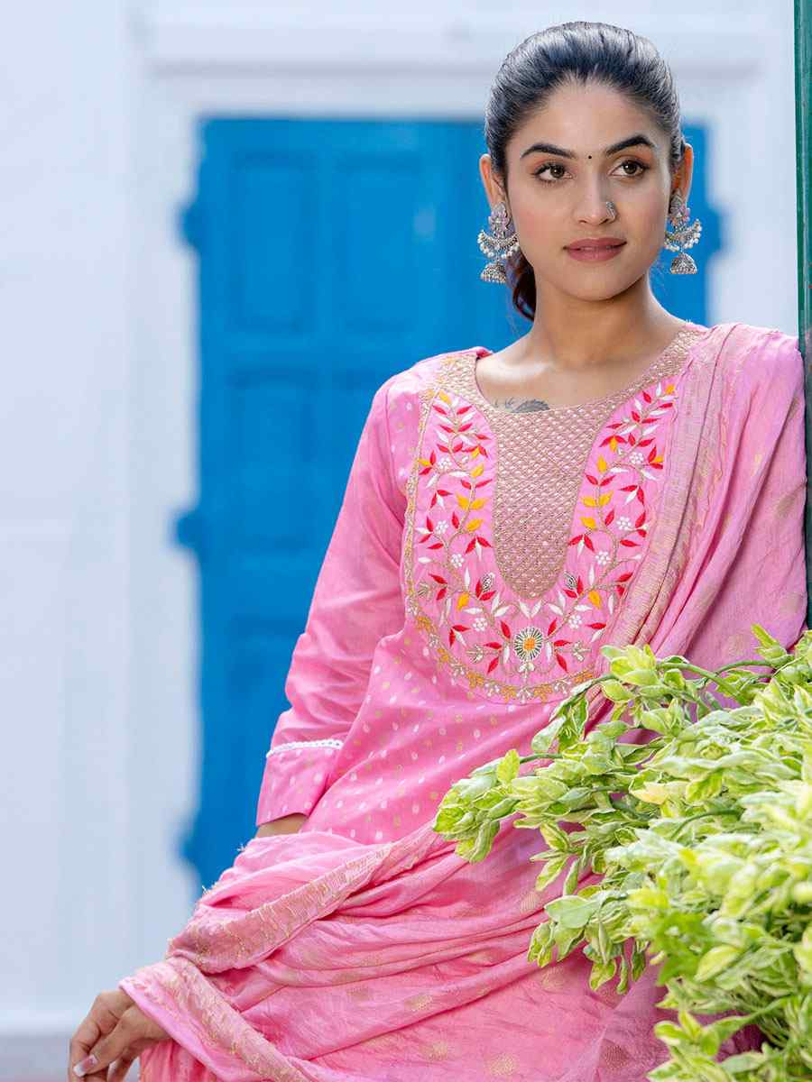 Pink Chanderi Silk Embroidery Party Wedding Festival Casual Ready Pant Salwar Kameez