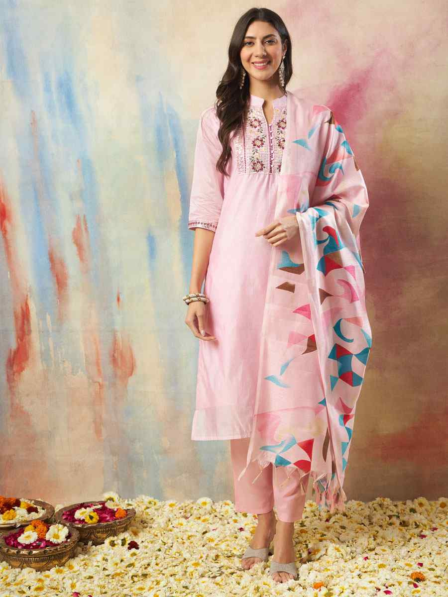 Pink Chanderi Silk Embroidery Party Wedding Festival Casual Ready Pant Salwar Kameez