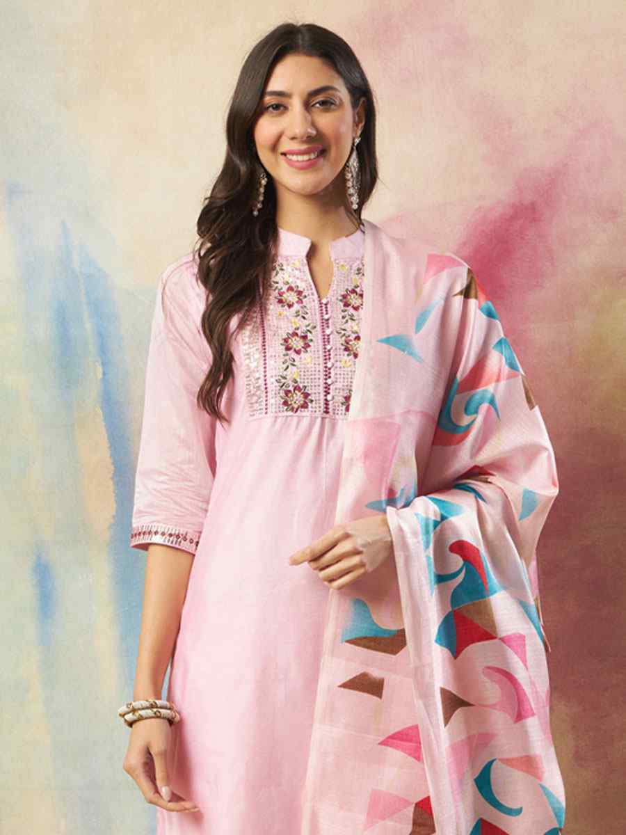 Pink Chanderi Silk Embroidery Party Wedding Festival Casual Ready Pant Salwar Kameez