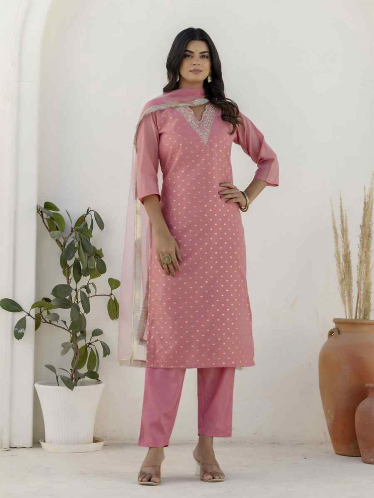 Image of Pink Chanderi Silk Embroidery Party Wedding Festival Casual Ready Pant Salwar Kameez