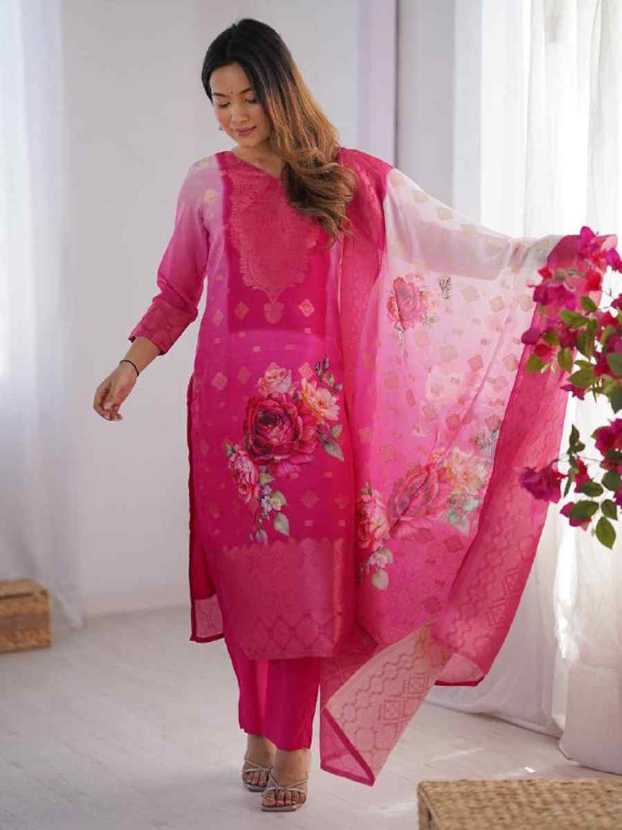 Pink Chanderi Silk Printed Festival Casual Ready Pant Salwar Kameez