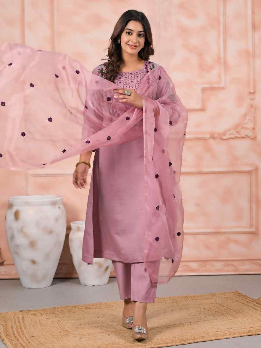 Pink Chanderiv Slik Embroidered Party Casual Ready Pant Salwar Kameez
