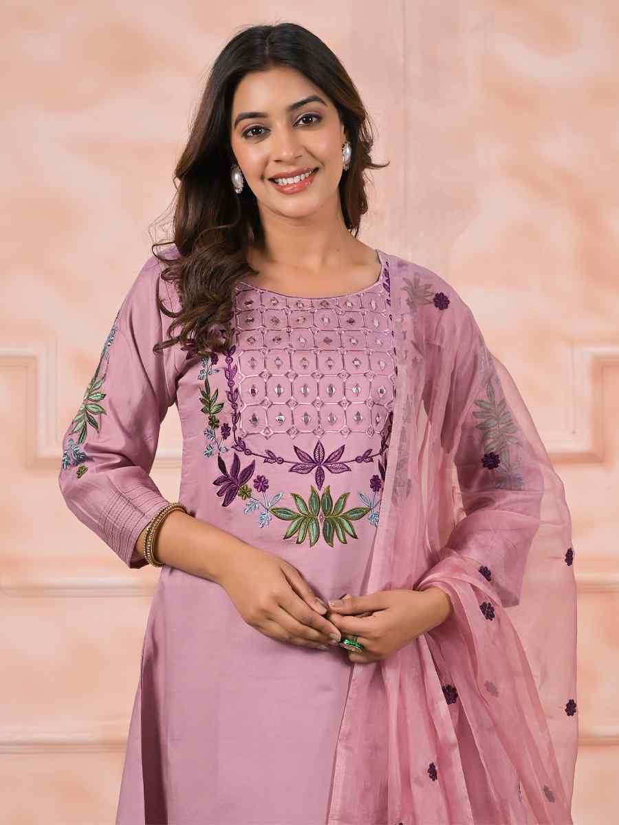 Pink Chanderiv Slik Embroidered Party Casual Ready Pant Salwar Kameez