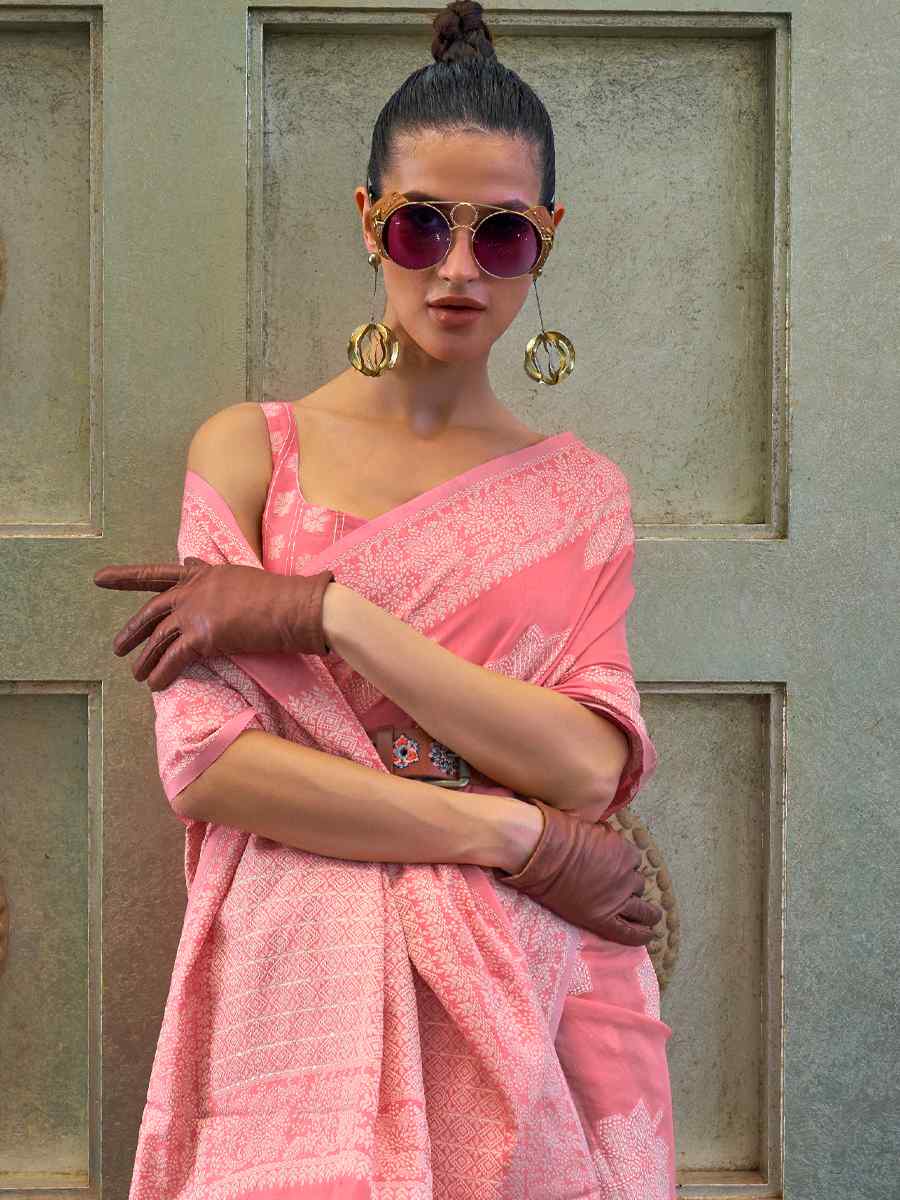 Pink Chickankari Lucknowi Silk Handwoven Party Festival Heavy Border Saree