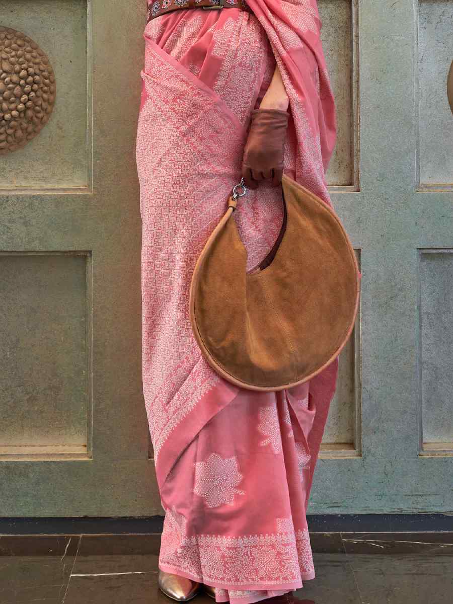 Pink Chickankari Lucknowi Silk Handwoven Party Festival Heavy Border Saree