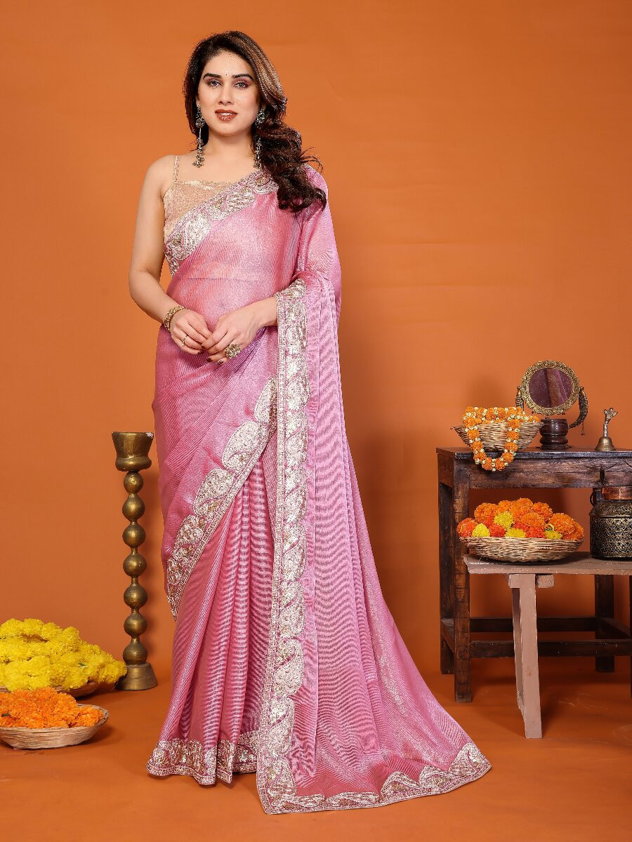 Pink Chiffon Embroidery Wedding Reception Party Festival Heavy Border Sarees