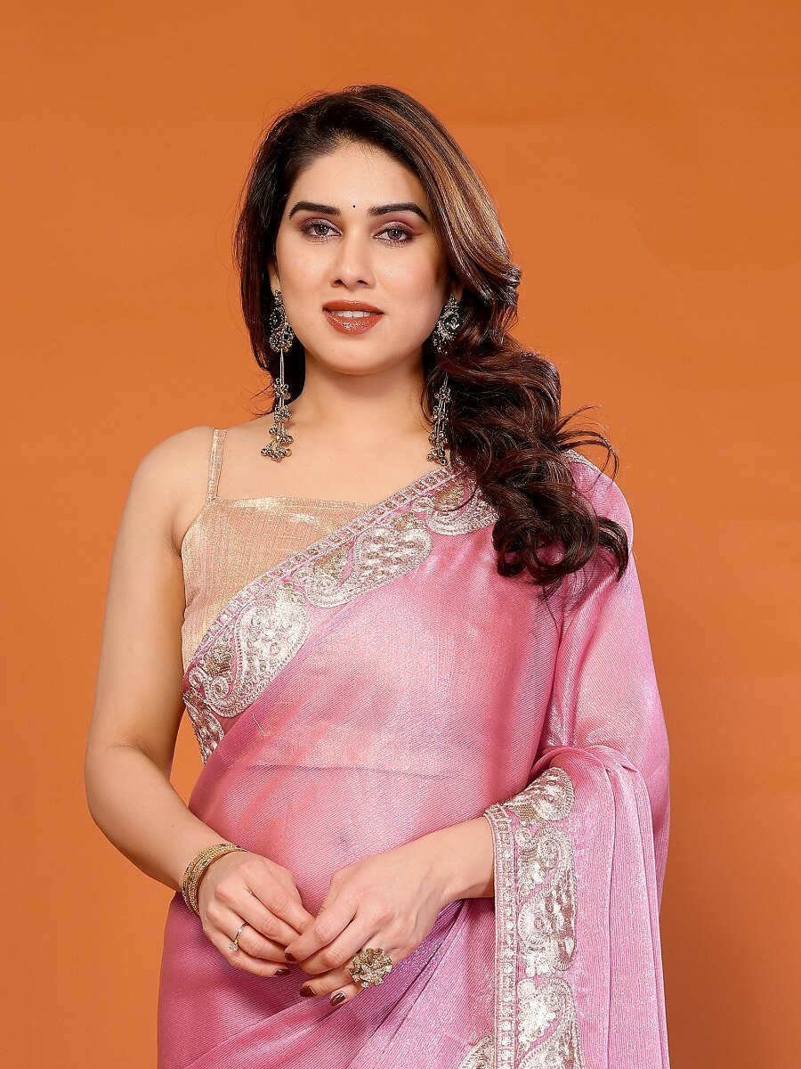 Pink Chiffon Embroidery Wedding Reception Party Festival Heavy Border Sarees